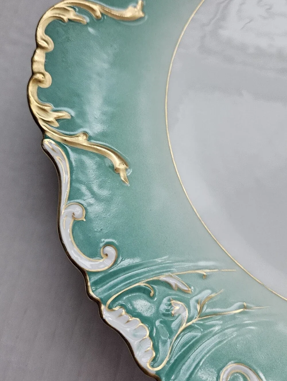 Antique Limoges Decorative Plate Turquoise Green Border And Ornate  Gold Trim